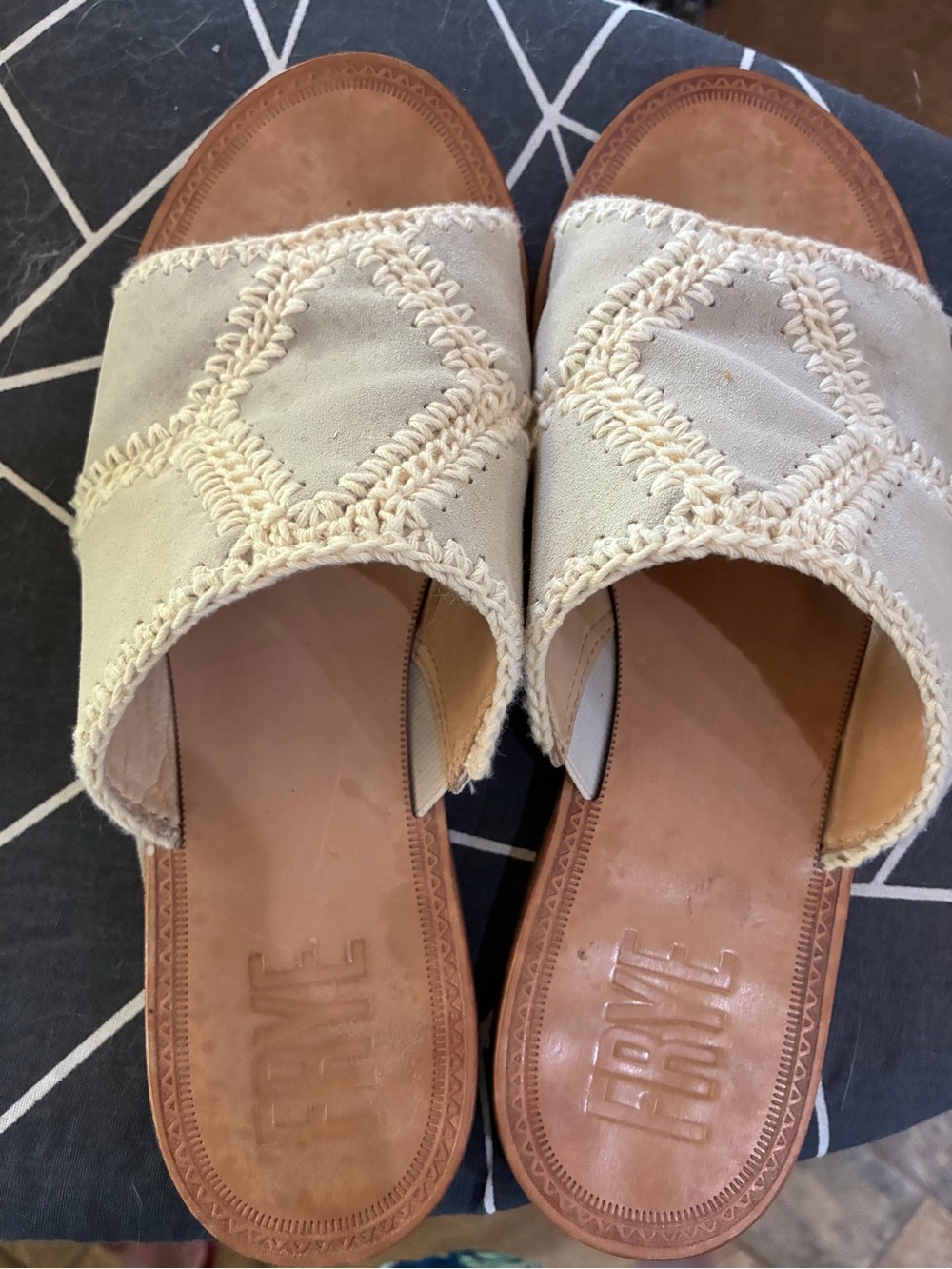 Frye Cream Suede and Crochet Slide Sandals - Women